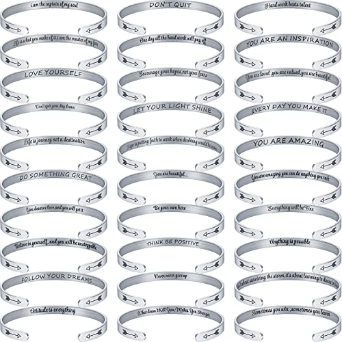 MTLEE 30 Pcs Inspirational Cuff Bracelets Bulk Gifts for Women Motivational Bible Verse Bracelet Silver Personalized - style: Novel
