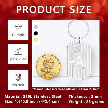 Initial Keychain for Men, A-Z Letter American Flag KeyChain Gifts for Men - color: Silver R