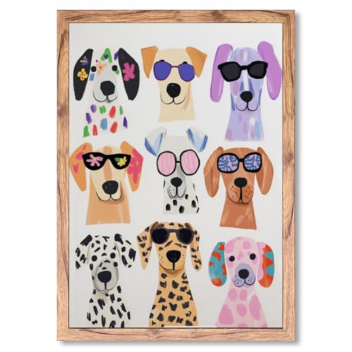 KBBYT Wood Frame Colorful Funny Dog Wall Art Cool Pet Portrait Canvas Print Trendy Puppy Poster Cute Dogs Wearing Sunglasses Artwork Maximalist Animal Decor for Dorm Bedroom Nursery 12x16inch - color: style-2 Wood Framed, size: 12"L x 16"W