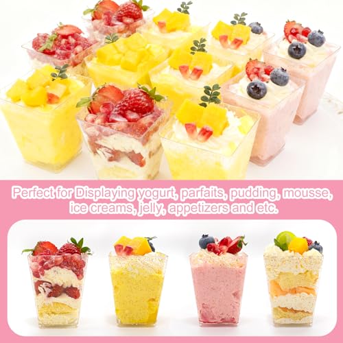 120 Pack (360 Pieces) Golden Glitter Plastic Dessert Cups with Lids and Spoons 5Oz Square Yogurt Parfait Appetier Cups for Party Dessert Shooter Cups for Ice Cream, Fruit,Jello, Pudding - size: 120 Cups+120 Lids+120 Spoons