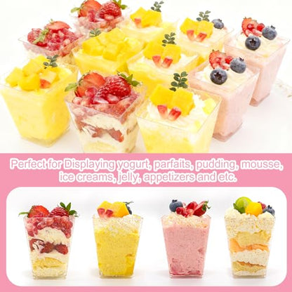 60 Pack (180 Pieces) Golden Glitter Dessert Cups with Lids and Spoons 5Oz Square Yogurt Parfait/Appetier Cups for Party, Plastic Dessert Shooter Cups for Ice Cream, Fruit, Jello and Pudding - size: 60 Cups+60 Lids+60 Spoons