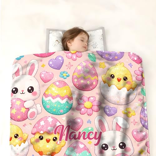 KiKiLuna Personalized Easter Bunny Flannel Throw Blanket, 10 Cartoon Designs, Custom Name Cute Spring Egg Pattern Cozy Gift for Kids Girls - color: Design 11