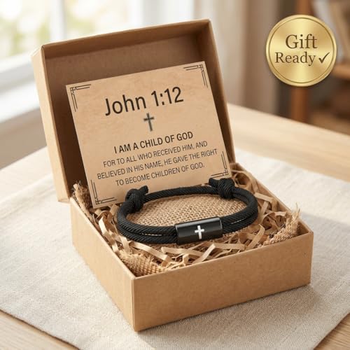 Cross Bracelet for Men or Godson - Adjustable Black Rope Stainless Steel Religious Jewelry, First Communion & Confirmation Bible Verse Faith Gift for Him - style: John 1:12