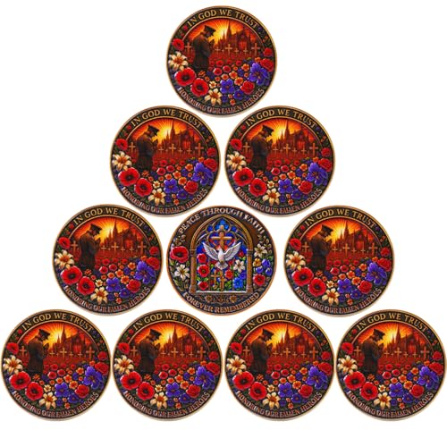10 PCS Poppy & Dove Veterans Memorial Challenge Coin Honoring Our Fallen Heroes Medallion Tribute Token of Peace Through Faith & Remembrance Commemorative Military Keepsake Gift for Men & Women - color: 10 Pcs