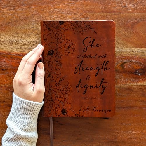 Personalized NLT Journaling Bible – Dark Brown LeatherLike | Filament Enabled | Custom Engraved Name | New Living Translation | 2.25” Wide Margins | Single Column Layout | Bible Journaling & Note-Taking (Peony Proverbs)