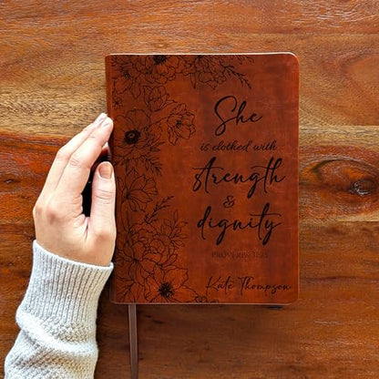 Personalized NLT Journaling Bible – Dark Brown LeatherLike | Filament Enabled | Custom Engraved Name | New Living Translation | 2.25” Wide Margins | Single Column Layout | Bible Journaling & Note-Taking (Peony Proverbs)