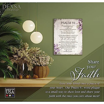 DEXSA Psalm 91 Wood Plaque - Made in the USA - 11.75 in x 15 in - Classy Vertical Frame Wall Hanging Decoration | Because He Loves Me, Says the Lord | Christian Family Religious Home Decor Saying