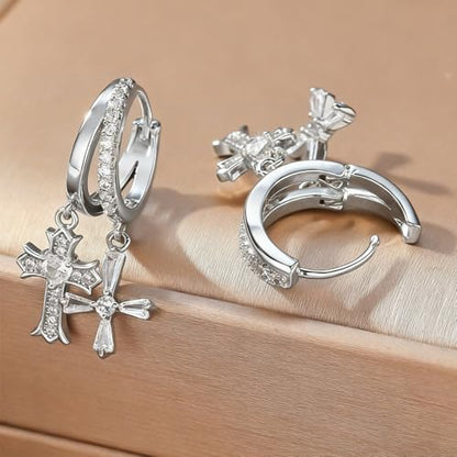 Double Huggie Hoop Earrings with Charms Cross Dangle Earrings Gold/Silver Double Cross Drop Hoop Earrings for Women Men Trendy - style: Style A-Silver