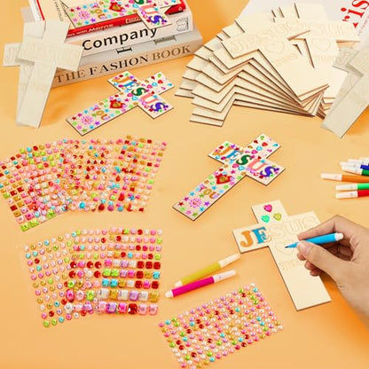 PLUVAVA 36 Sets Wood Cross Crafts DIY Wooden Cross for Christian Jesus Sunday School Vacation Bible School Crafts Supplies with 14 Pieces Stickers and 24 Pieces Watercolor Pens (Classic Style) - size: Classic Style