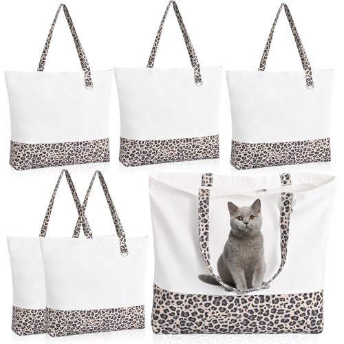 6-Pack Canvas Tote Bags with Zipper, Large Grocery Tote, Leopard Print - color: Leopard Print/White