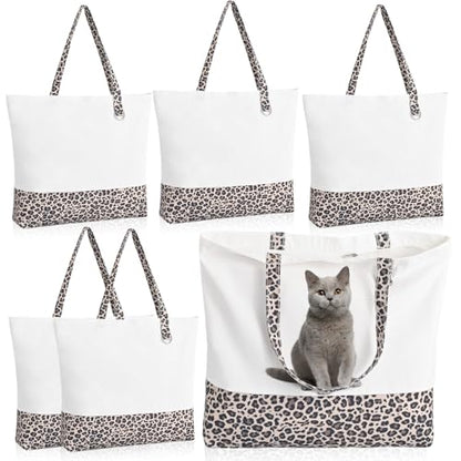 6-Pack Canvas Tote Bags with Zipper, Large Grocery Tote, Leopard Print - color: Leopard Print/White