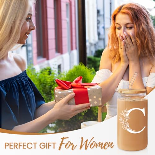SANDJEST Monogrammed Gifts for Women - Monogram C Initial Glass Cup 16 Oz Can Coffee Cups with Lid and Straw - Monogram Initials Gifts for Womens on Birthday - color: Initial C