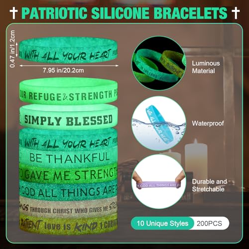 Ecation 200 Pack Glow in the Dark Silicone Bible Verse Bracelets Bulk, Inspirational Scripture Wristbands for Church Groups, Sunday School, Religious Events - Christian Gift Ideas - color: Bright Color