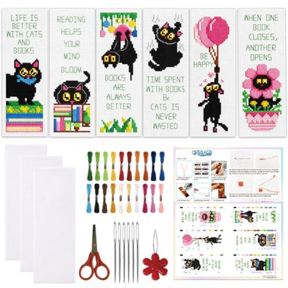 ORIGACH 6 Pcs Black Cat & Quote Cross Stitch Bookmark Kit for Beginners - style: Black Cats & Quotes