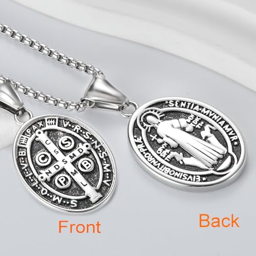 St Benedict Exorcism Medal Necklace for Men Catholic Cross Pendant - color: Silver-2