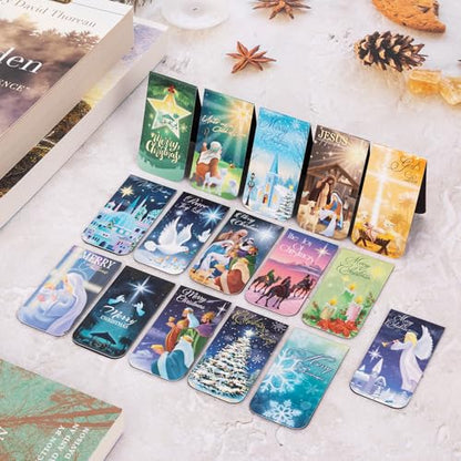 JSRQT 16Pcs Christmas Religious Magnetic Bookmarks, Larger Double-Sided Christian Bookmark for Women Man, Jesus Birth Bible Magnet Page Marker Bookmarks Page Clip for Book Lovers, 6×3 CM, 16 Style