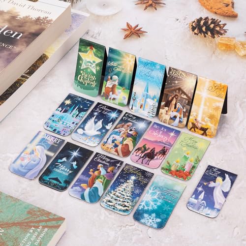 JSRQT 16Pcs Christmas Religious Magnetic Bookmarks, Larger Double-Sided Christian Bookmark for Women Man, Jesus Birth Bible Magnet Page Marker Bookmarks Page Clip for Book Lovers, 6×3 CM, 16 Style