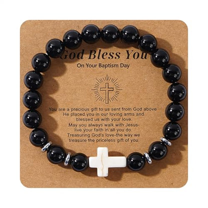 Cross Birthstone Gemstone Beaded Stretch Protection Bracelet for Man Woman, Handmade Healing Stone Chakra Beads Elastic Bracelets Accessories Fashion Jewelry Gift. - color: Black Obsidian