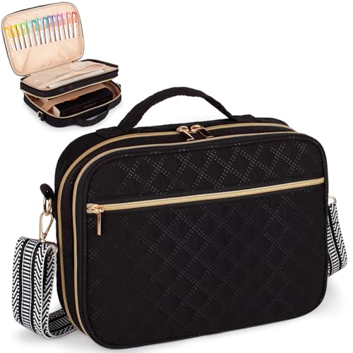 Large Bible Cover for Women,2 Compartments Bible Bag for Church - color: 2 Lays,Black with Stripe Strap