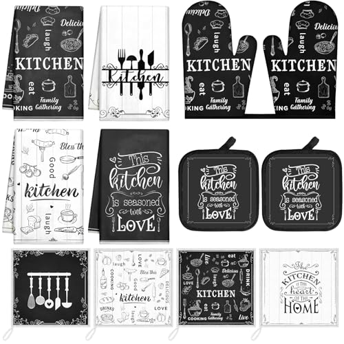 Bencailor 12 Pcs Farmhouse Kitchen Decor and Accessories Sets 4 Black and White Kitchen Towels 4 Absorbent Dishcloths 2 Pot Holders 2 Oven Mitts Gloves for Home Decor Mom Gifts - color: Black and White, style: Classic