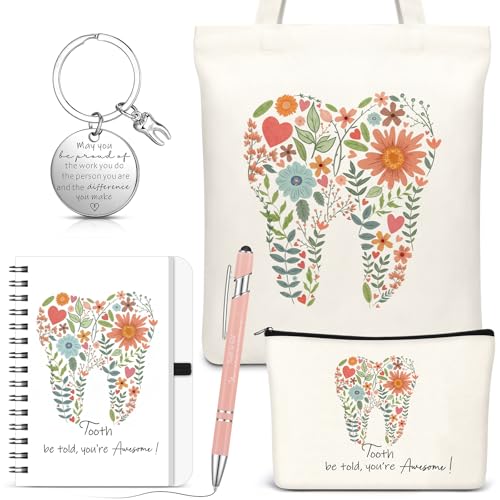Kinlop 5 Pcs Floral Tooth Dental Gift Set, Pink Bags Notebook Pen Keychain - color: Pink, style: Floral Tooth Dental