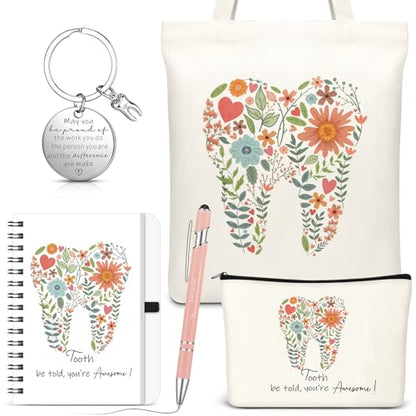 Kinlop 5 Pcs Floral Tooth Dental Gift Set, Pink Bags Notebook Pen Keychain - color: Pink, style: Floral Tooth Dental