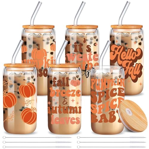 SiliFine 6 Pcs Fall Glass Cups, 16 oz with Lids and Straws - style: Fall Pumpkin Maple