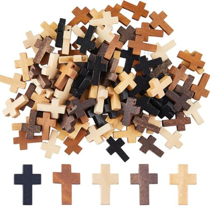 SUNNYCLUE 100Pcs Cross Charms Bulk Wood Cross Beads Natural Wooden Bead Charm Mini Small Black White Pocket Crosses Rosary Crucifix Easter Holiday Pendants for Jewelry Making DIY Supplies - color: 100Pcs 5 Colors 22x15mm