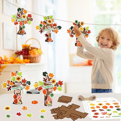 30 Sets Thanksgiving Christian Craft Kit DIY Fall Religious Cross Hanging Ornament Make Your Own Thankful Cross Crafts for Fall Church Autumn Sunday School VBS Class Art Project Home Party Activities