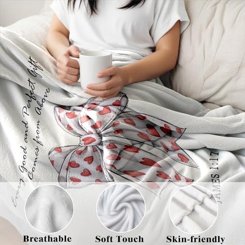 Coquette Christian Valentine's Day Heart Bow Blanket, Christian Gifts for Women Men, Neutral Religious Bible Verse Bow Throw Blankets for Home Bedroom Living Room Couch Sofa, 50x60 Inches - color: Heart Bow