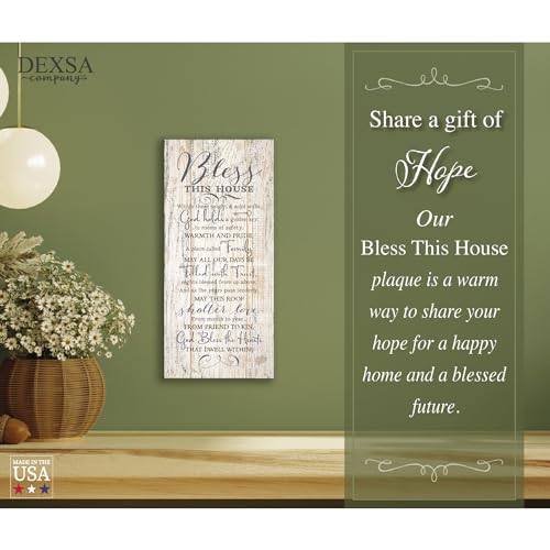 DEXSA Bless This House Wood Plaque - Made in the USA - 5.5x12 - Classy Frame Wall Hanging Decoration | Within these bright & solid walls, God holds a golden key | Christian Religious Home Decor Saying