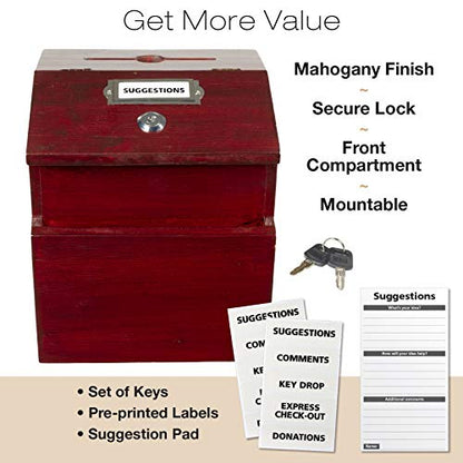 EXCELLO GLOBAL PRODUCTS Red Mahogany Suggestion Box with Lock: Wooden Ballot Comment Box, Wall Mounted or Freestanding. Includes Printed Labels & Suggestion Pads Cards