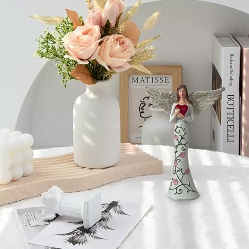 Angel Figurine with Red Heart, Floral Resin Statue, 20 cm - size: Angel of Love