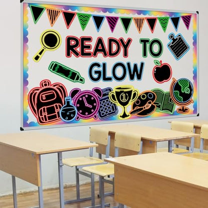 Welcome Back to School Bulletin Board Decorations Ready to Glow Inspirational Classroom Bulletin Board Neon Style Paper Cutouts for First Day of School Office Home Teacher Classroom Wall Supplies - style: Classroom Neon Style
