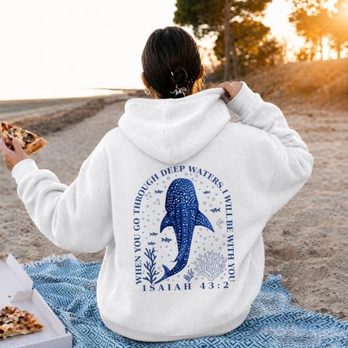 BeWithYou Christian Whale Shark Hoodies for Women Jesus Faith Sweatshirts God Religious Hoodie Bible Verse Graphic Pullover - color: Heather White, size: Large