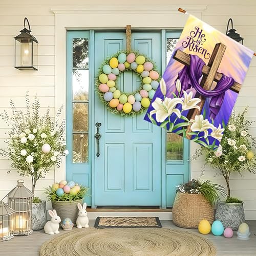 He is Risen Easter Christian House Flags 28x40 Double Sided Burlap, Religious Cross Spring Lily Flower Sign Large Flag Farmhouse Yard Outdoor Decoration DF701-28 - size: 28" X 40"