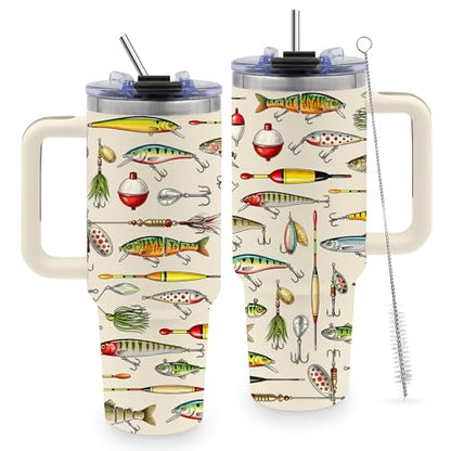 40 Oz Tumbler with Handle, Fishing Gifts for Men Dad Boyfriend - color: Fishing-White