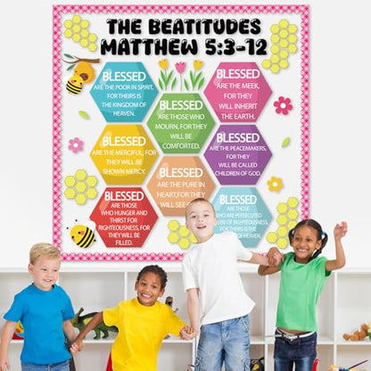 Christian Bulletin Board Decoration The Beatitudes Matthew 5:3-12 Classroom Decoration Motivational Bible Verse Paper Cutouts for Fall Sunday School Church Parish Decor（Sunshine） - style: Sunshine