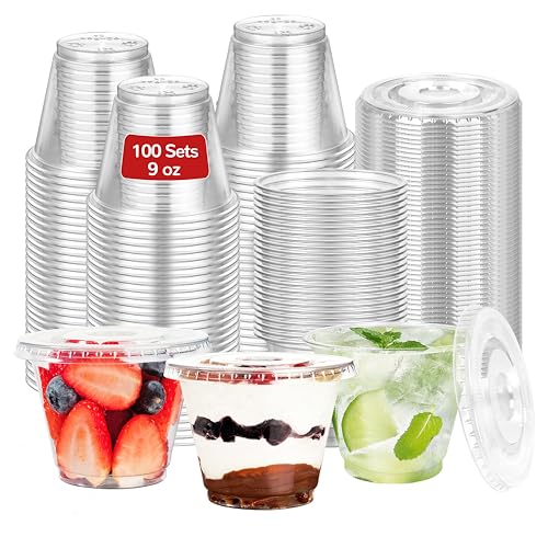 9oz Clear Plastic Cups with Flat Lids No Hole (100 Sets) - size: 9 oz-100Sets