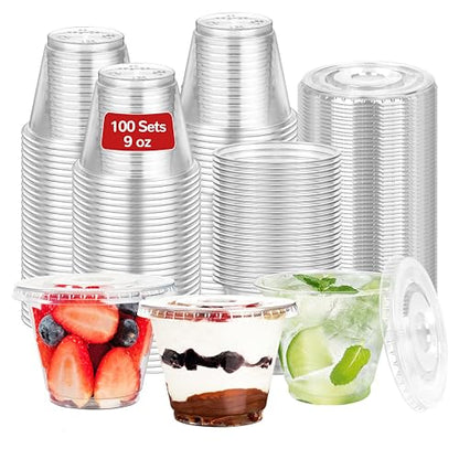 9oz Clear Plastic Cups with Flat Lids No Hole (100 Sets) - size: 9 oz-100Sets