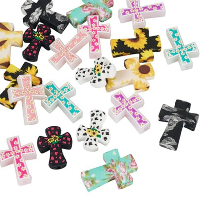 Beadthoven 20Pcs Cross Silicone Focal Beads Cow Flower Printed Silicone Beads for Pens Colorful Easter Jesus Crucifix Cross Shaped Rubber Spacers for Keychain Jewelry Making DIY Crafts - color: Mix Cross 10 Styles