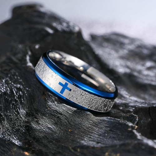 King Will Stainless Steel Men Ring Lord's Prayer Cross Ring Stainless Steel Men Wedding Ring, Wedding Band Bible Engraved Rings High Polished, Comfort Fit - color: Sliver&Blue