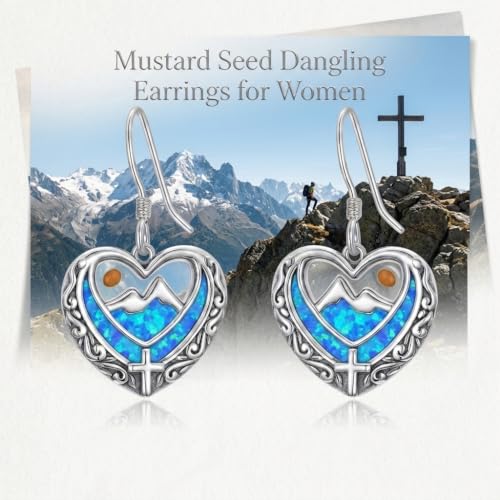 AOBOCO 925 Silver Mustard Seed Cross Heart Dangle Drop Earrings Women - color: Silver-Blue Opal