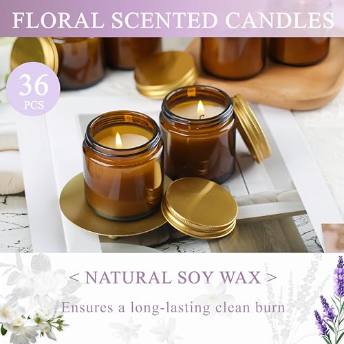 ACITHGL 36 Pcs 4oz Mini Mason Jar Candles Small Scented Candles Bulk Aromatherapy Ideal Souvenir Favors for Wedding Birthday Party (Freesia, Lavender, Jasmine, Amber) - color: Amber, style: Freesia, Lavender, Jasmine