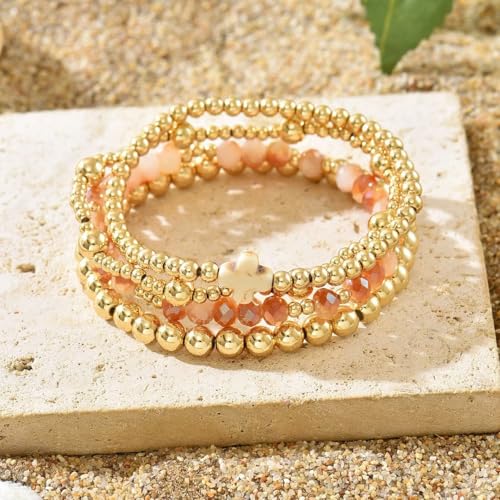 Colorful Cross Charm Bracelets for Women Men Adjustable Gold Plated Beaded Bracelet Boho Bead Ball Stretch Bracelet Birthday Summer Beach Jewelry - color: White B