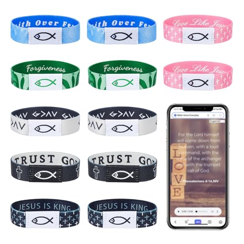 12Pcs Daily Bible Verse Bracelets for Women NFC Bracelet Elastic Jesus Christian Bracelets Bulk, Inspirational Scripture Bracelet Christian Religious Easter Gifts for Women Men - style: Fish pattern