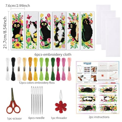 ORIGACH 6 Set Cat and Flower Cross Stitch Bookmark Kit for Beginner - style: Cat and Flower