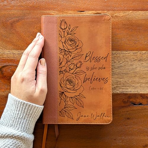 Personalized NIV Personal Size Bible – Large Print Brown Leathersoft Faux Leather | Custom Name Engraved | Red Letter Comfort Print Edition with Ribbon Markers & Portable Design (Brown Rose Blessed is She)