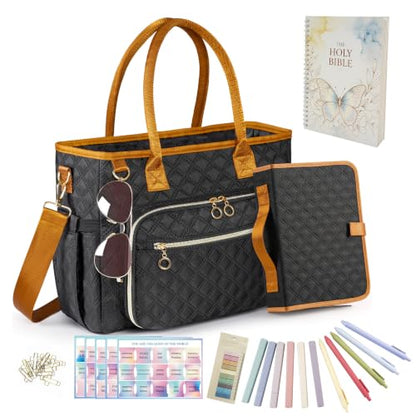 Large Bible Bag with Bible Cover Case for Women, Quilted Church Tote Bag with Bible Study Supplies, Shoulder Strap, Waterproof Material, Easy to Clean, Christian Gift for Bible Lovers - color: Black
