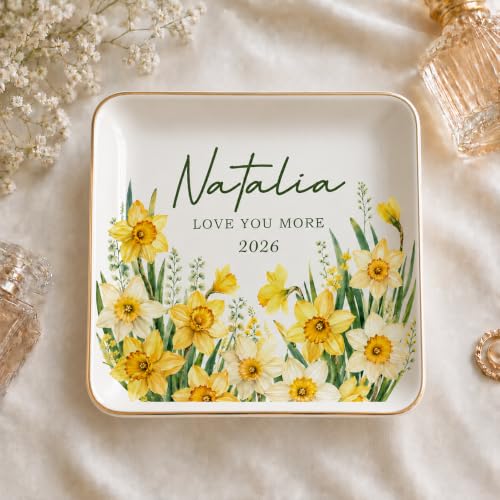 Personalized Ceramic Ring Dish with Name and Birth Flower, Custom Jewelry Tray Trinket Dish for Rings Earrings Necklaces Keys, Birth Month Flower Gift for Mom Bridesmaid Wife Best Friend - color: Birth Month Jewelry Dish